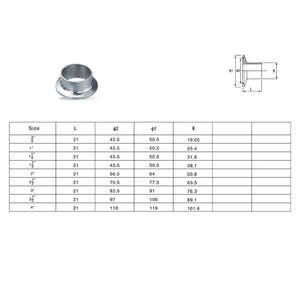 Tri Clamp Stainless Steel SUS 304 Sanitary Weld On Ferrule Size 1/2”- 4”