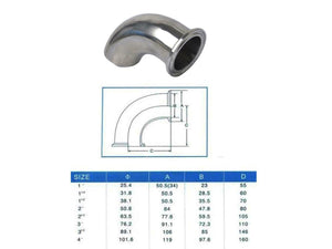 Stainless Steel 304 Tri-clamp Sanitary 90°Elbow w Weld Ends & Tri Clamp (1 ~ 4")
