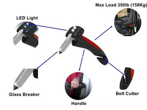 Car Cane Portable Handle with LED Flashlight, Glass Breaker & Belt Cutter