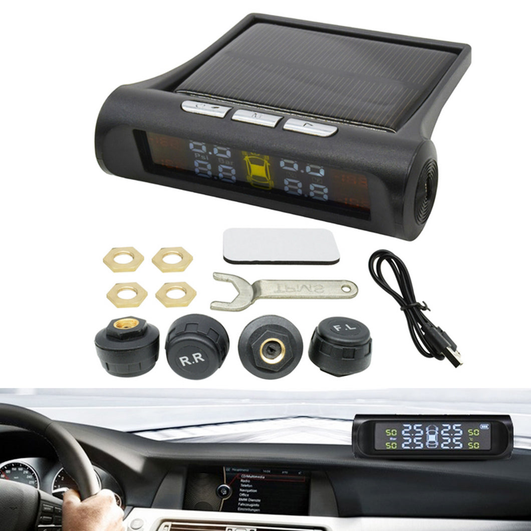 Wireless Solar TPMS LCD Car Tire Pressure Monitoring System & 4 External Sensors