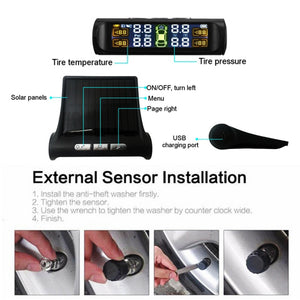 Wireless Solar TPMS LCD Car Tire Pressure Monitoring System & 4 External Sensors