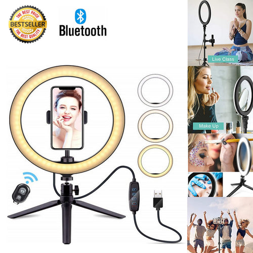 New 10” Selfie Ring LED Dimmable Light with Tripod Stand & Cell Phone Holder w Bluetooth Remote