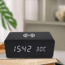 Load image into Gallery viewer, Modern Wooden Digital LED Desk Alarm Clock Thermometer Qi Wireless Charger / Thermomètre numérique en bois de réveil de bureau de LED Qi chargeur sans fil