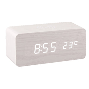 Modern Wooden Digital LED Desk Alarm Clock Thermometer Qi Wireless Charger / Thermomètre numérique en bois de réveil de bureau de LED Qi chargeur sans fil