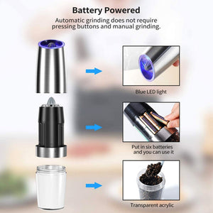 Gravity Operated Electric Salt & Pepper Mill Shaker Grinder with LED Light